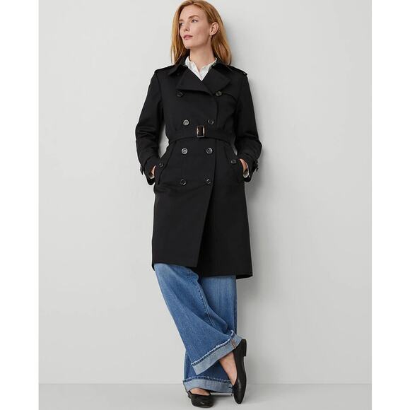 Ann Taylor Fitted Double-Breasted Belted Trench Coat Jacket Black Sz S - Picture 1 of 12
